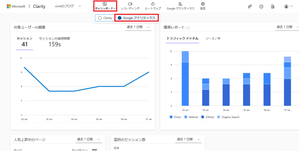 ClarityでGoogle Analyticsのデータを表示する